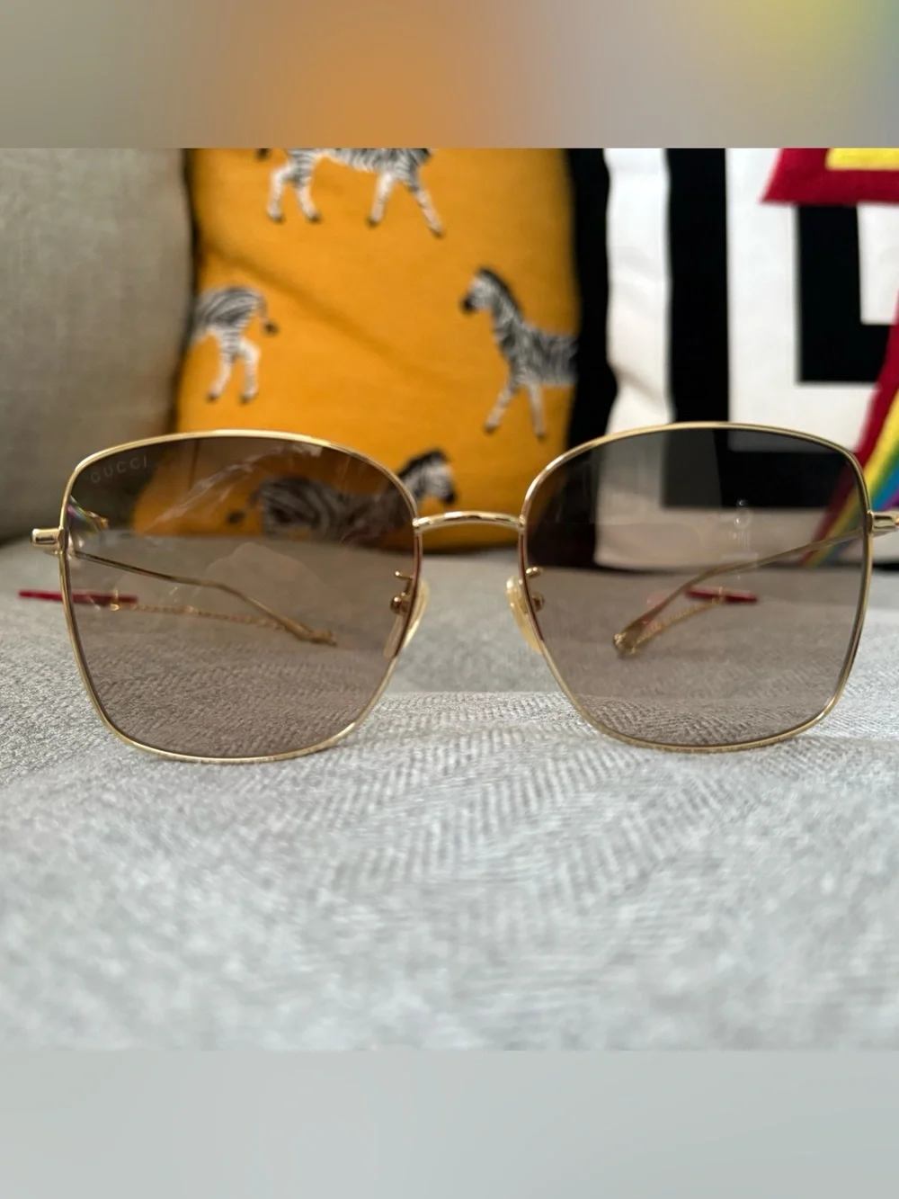 Gucci Oversized Square Gold Metal Sunglasses Strawberry Charms $625 GG1030SK